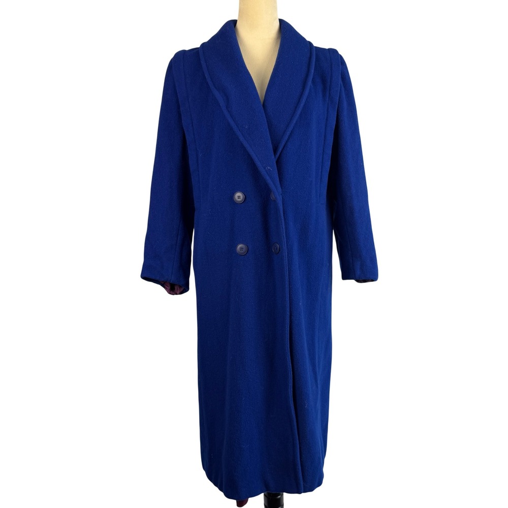 Vintage 100% Pure Wool Blue Coat Double Breasted Shawl Collar Womens 12 Classic